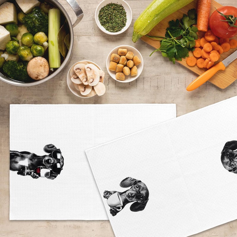 Mcehtle Dachshund Kitchen Towels Set of 2, Funny Kitchen Decor, Coffee Station Wine Bar Decor, Black and White Dog Owner Hand Towel, Wiener Lover Dining Room Kitchen Decorative Tea Towels 16x24 Inch - Image 5